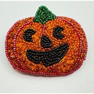 Handmade Beaded Jack-o-lantern Halloween Pumpkin Brooch Pin 2.5" Fall Vintage